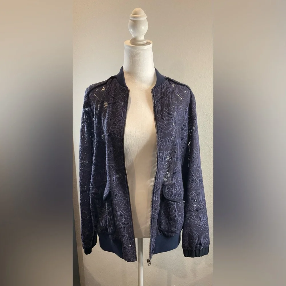 Anthropologie Elevenses Navy Blue Lace Bomber Jacket - Picture 5 of 16